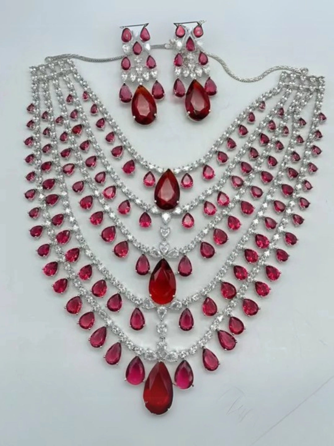 Ishhaara Red Charming Diamond Bridal Layered Necklace Set