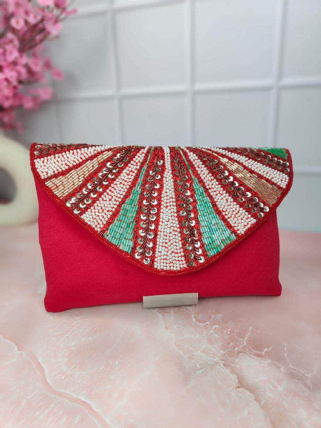 Ishhaara Red Embellished Clutch with Button Closure