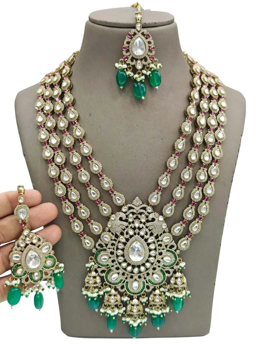 Ishhaara Red Floral Victorian Emerald Beads Haram With Maang Tikka