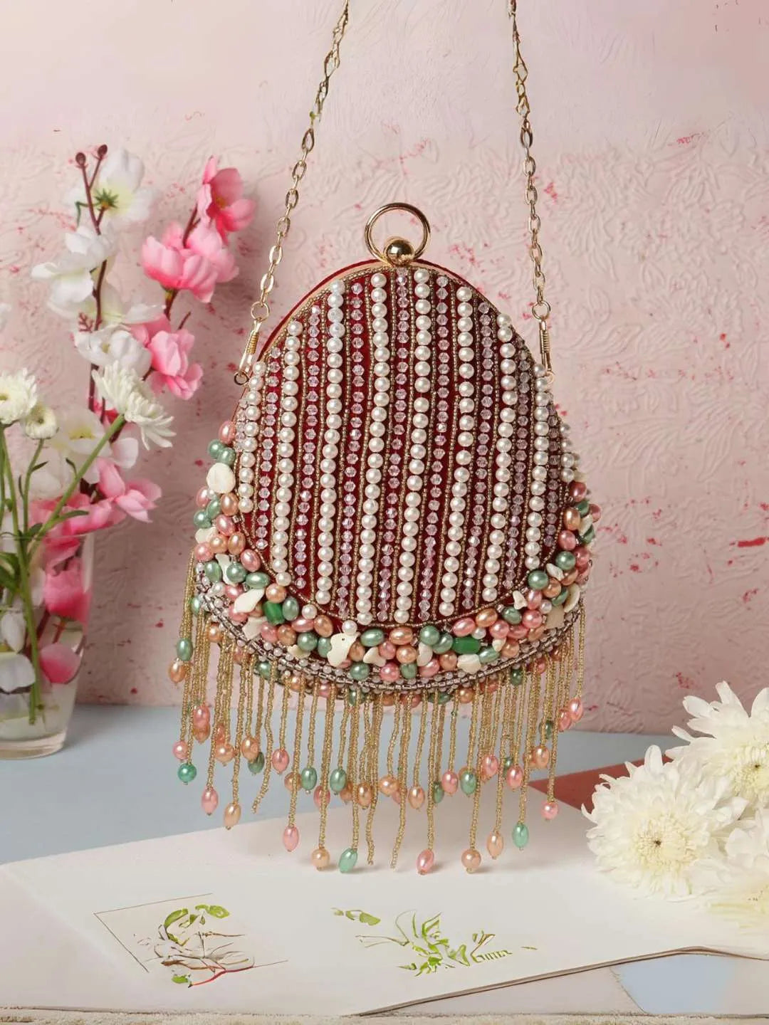 Ishhaara White Heavy Designer Almond Shape Clutch