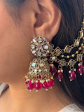Ishhaara Red Kundan And Pearl Embellished Jhumkas With Earchain And Teeka