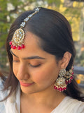 Ishhaara Red Kundan And Pearl Embellished Jhumkas With Earchain And Teeka
