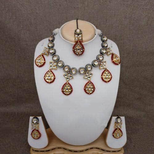 Ishhaara Green Multi Jadau Drop Split Necklace Earring And Teeka Set