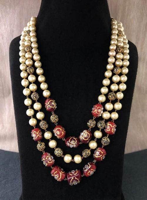 Ishhaara Triple Layered Pearl Precious Stone Necklace