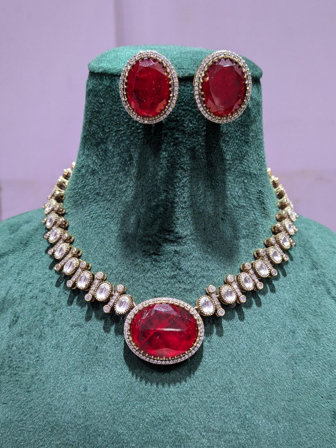 Ishhaara Red Victorian Doublet Stone Studded Choker Necklace