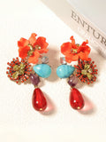 Ishhaara Red Vintage Floral Crystal Embellished Teardrop Dangle Earrings