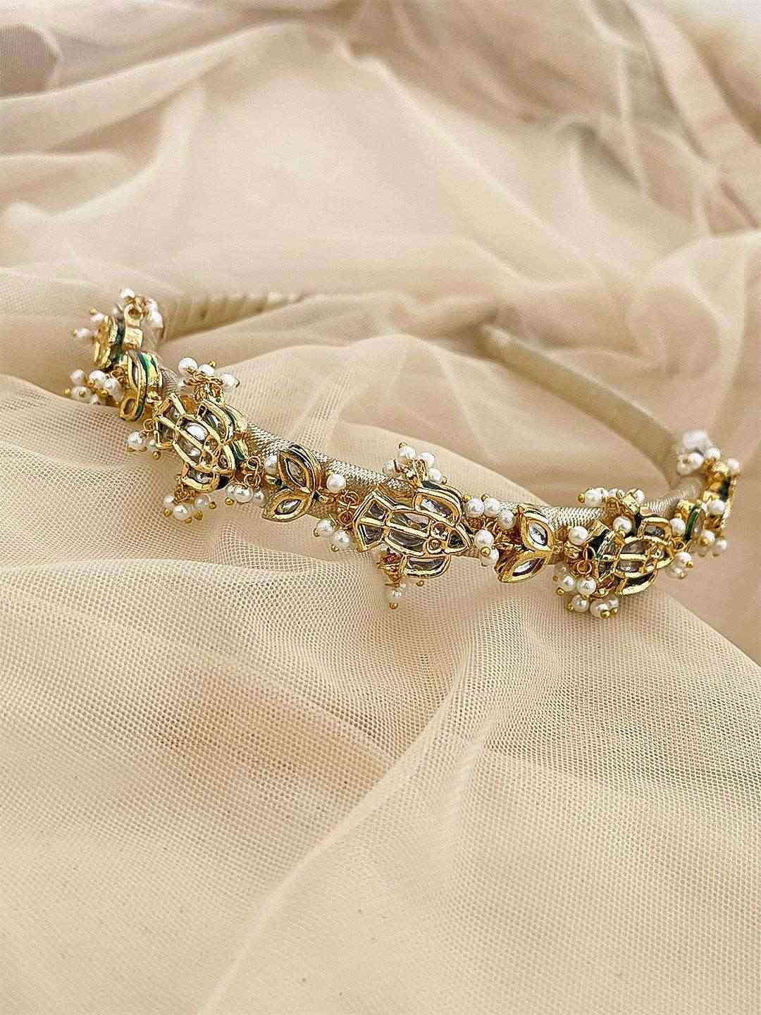 Ishhaara Rhinestone Embellished Metal Leaf Headband