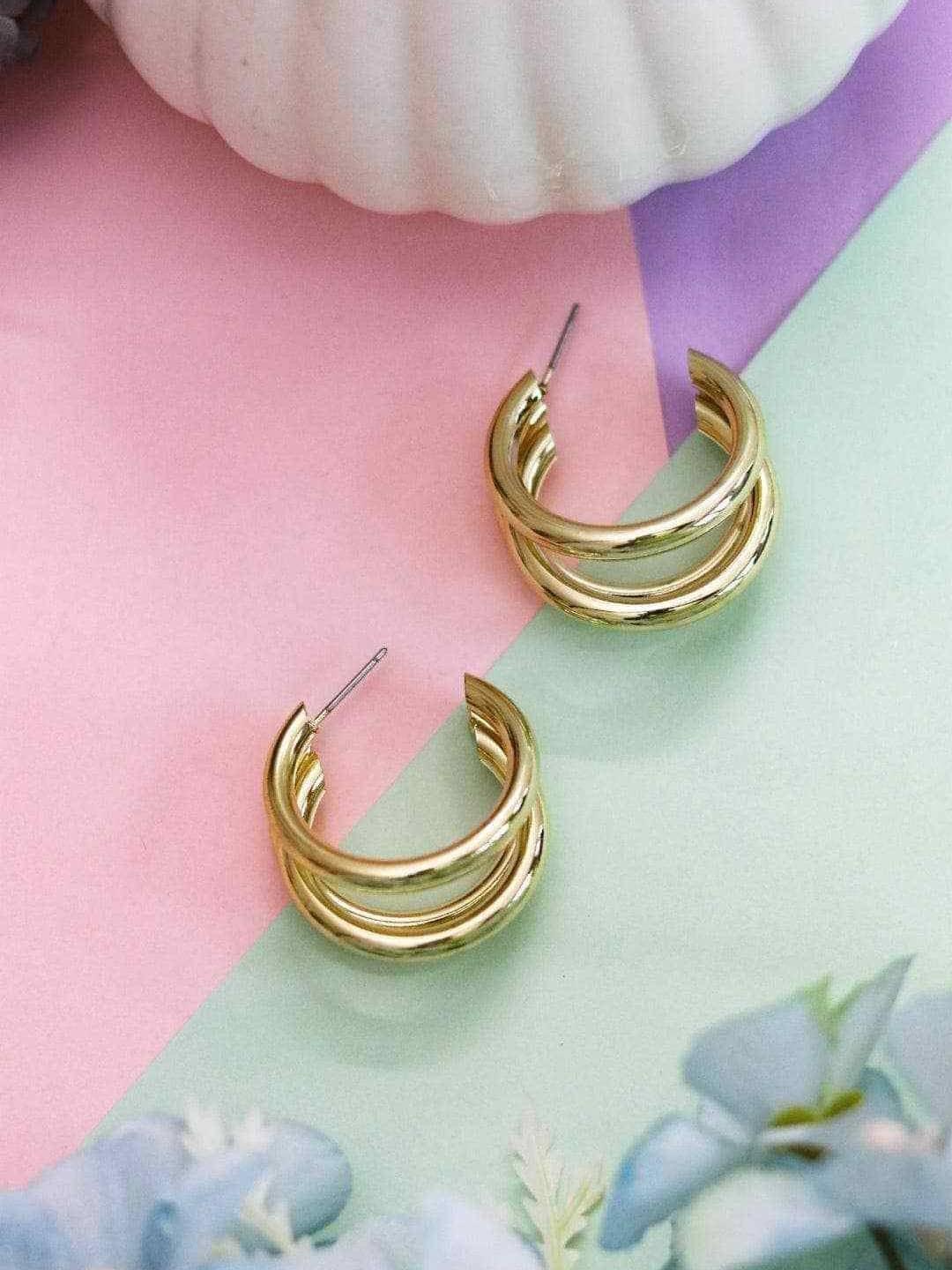 Ishhaara Rochelle Rao Sequeira In Triple Hoop Earrings Golden