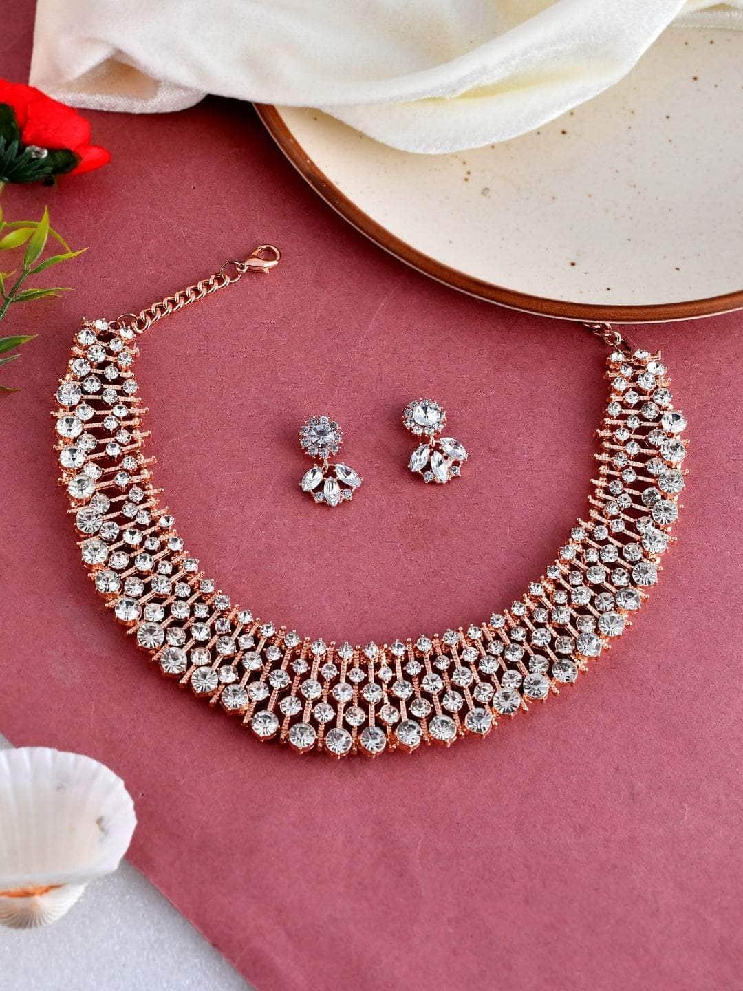 Ishhaara Rose Gold Brides In Diamond Choker With Earring - Gold