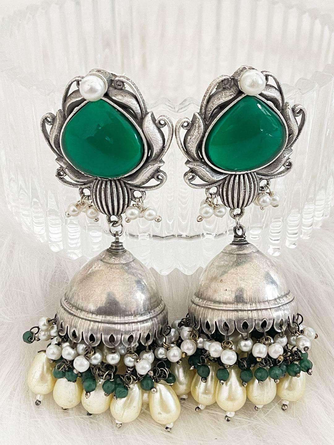 Ishhaara Silver Oxidized Plating With Hyderabadi Pearls Stone Jhumka