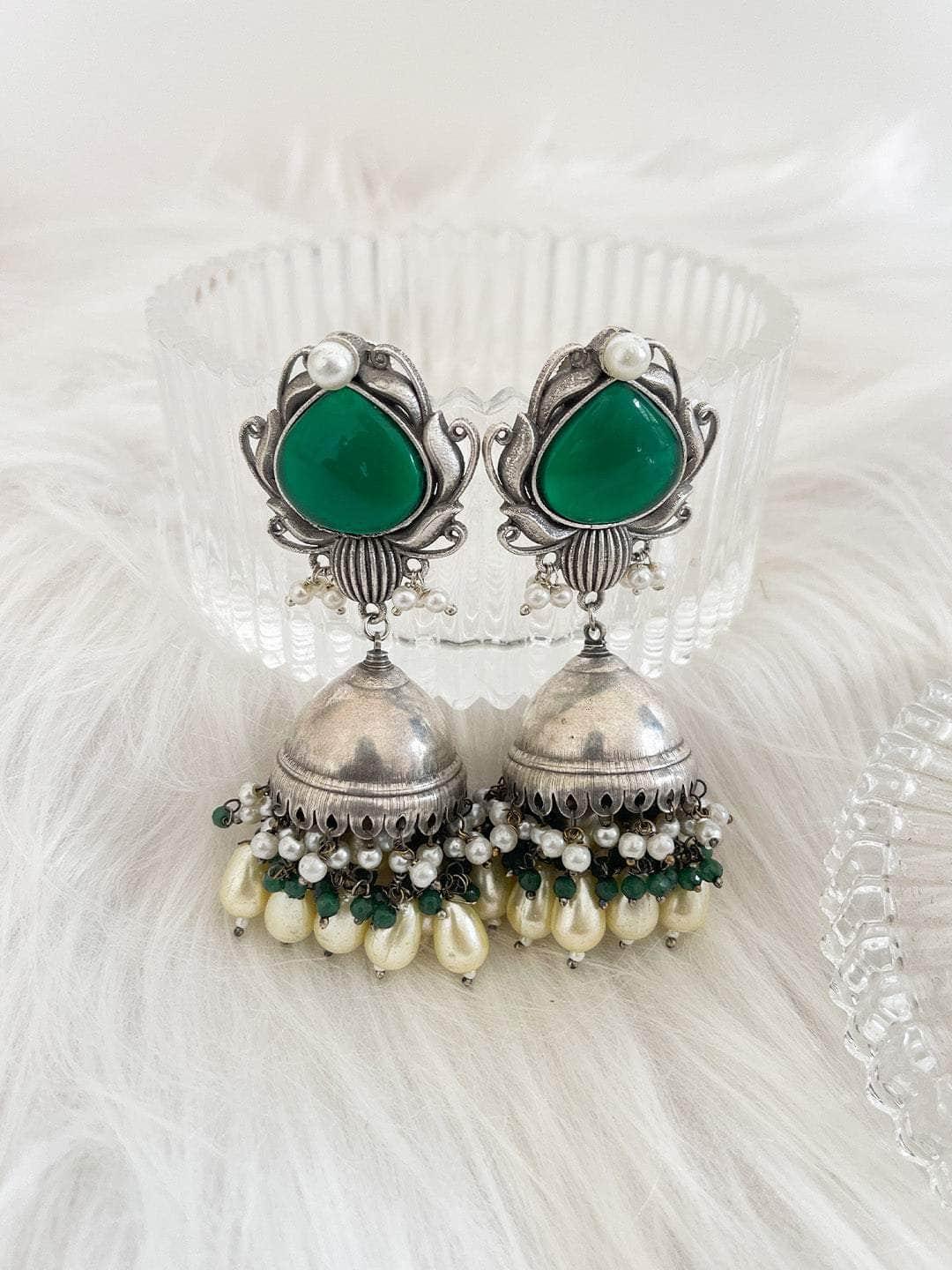 Ishhaara Silver Oxidized Plating With Hyderabadi Pearls Stone Jhumka