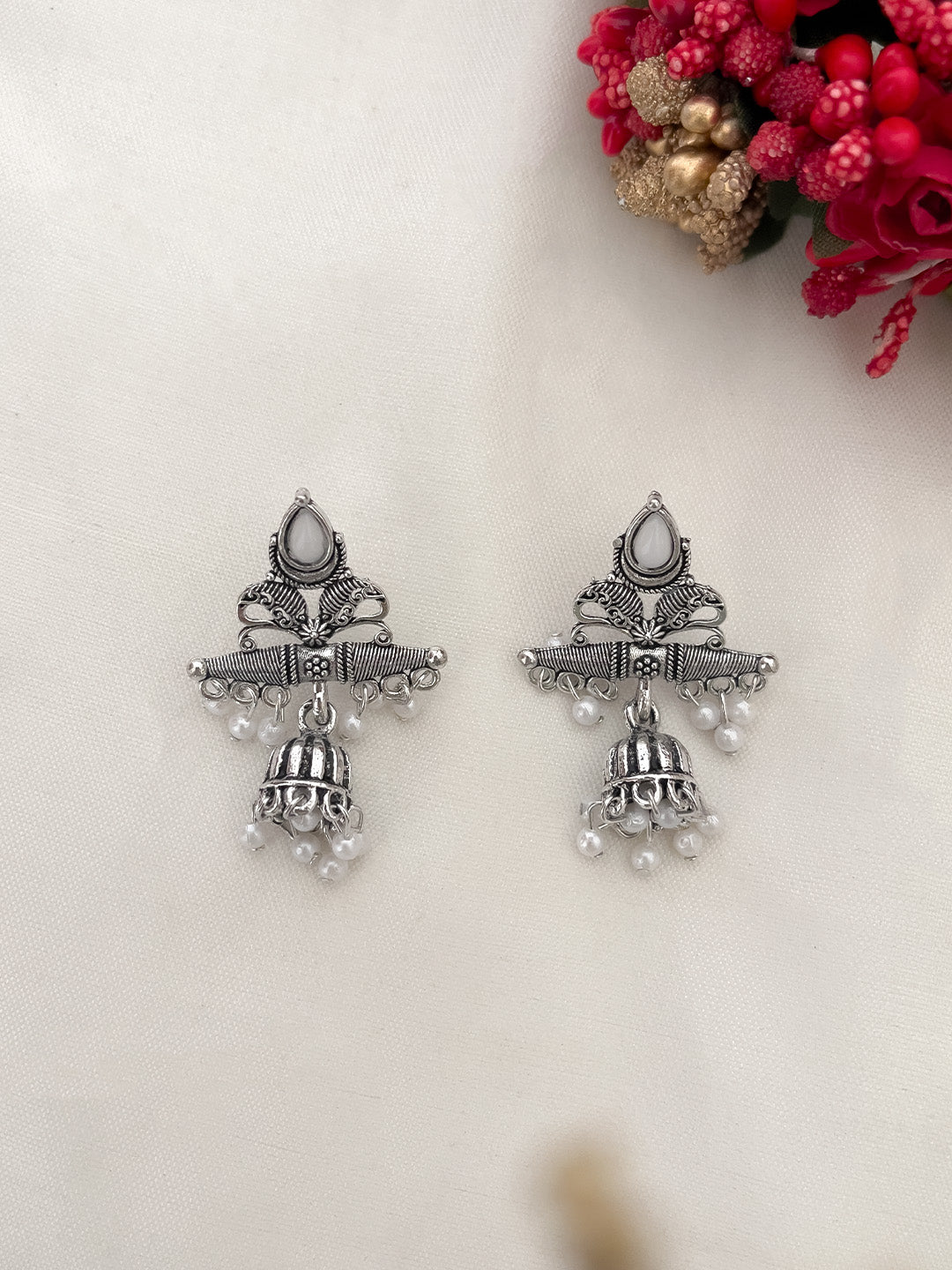 Silver Plated Oxidised Jhumkas - Main Image
