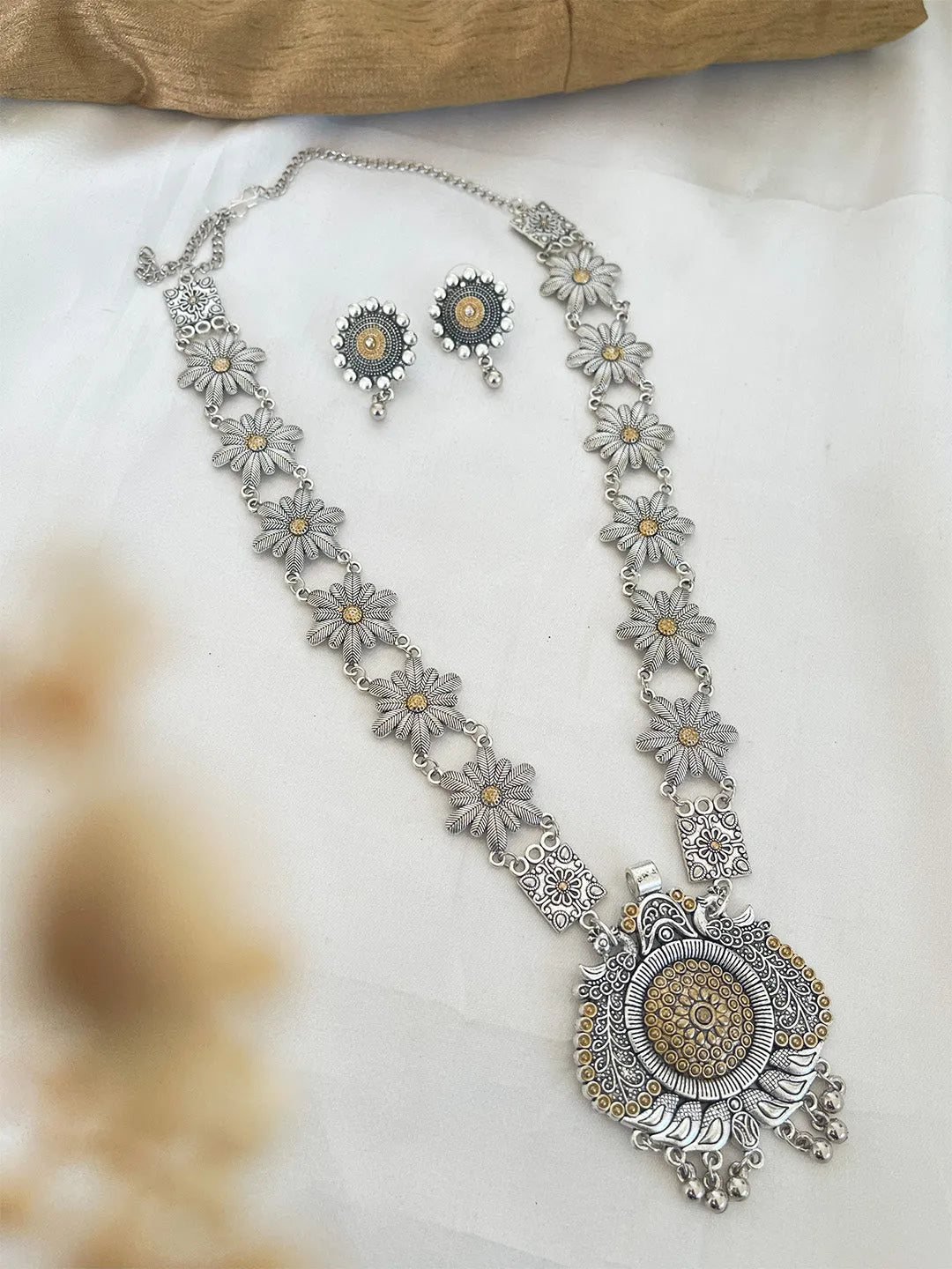 Buy Silver Plated Stone Studded Necklace And Earrings Set Online