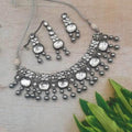 Ishhaara Rodium Big Kundan Leaf Necklace Earring And Teeka Set