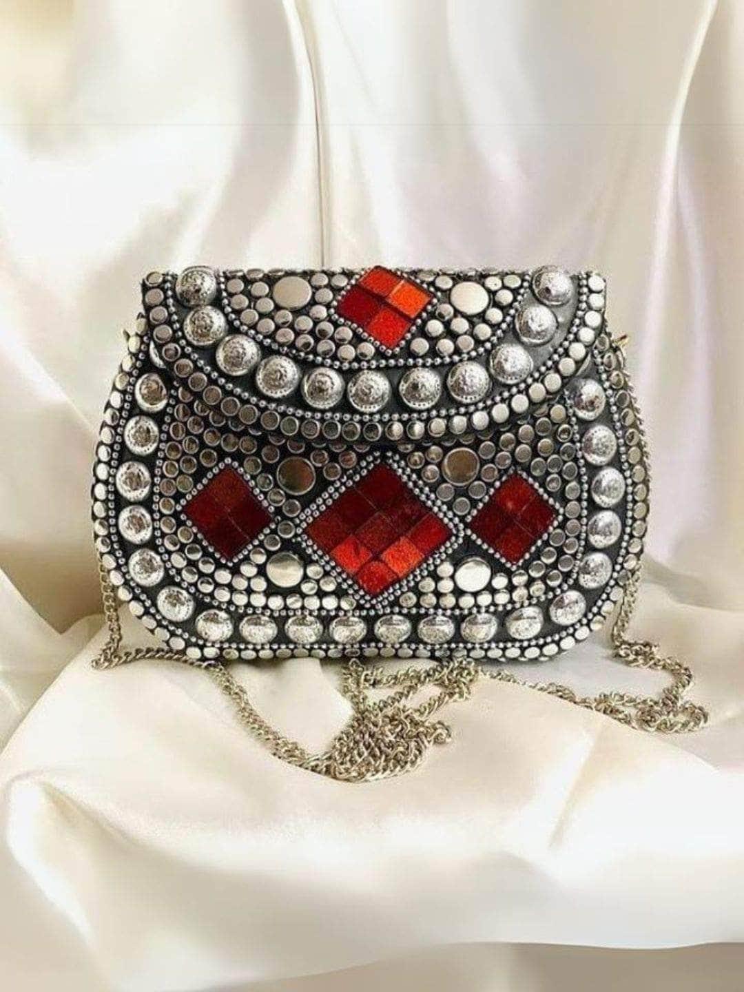 Buy Silver Toned Red Mosaic Metal Embellished Clutch Online  display picture 1