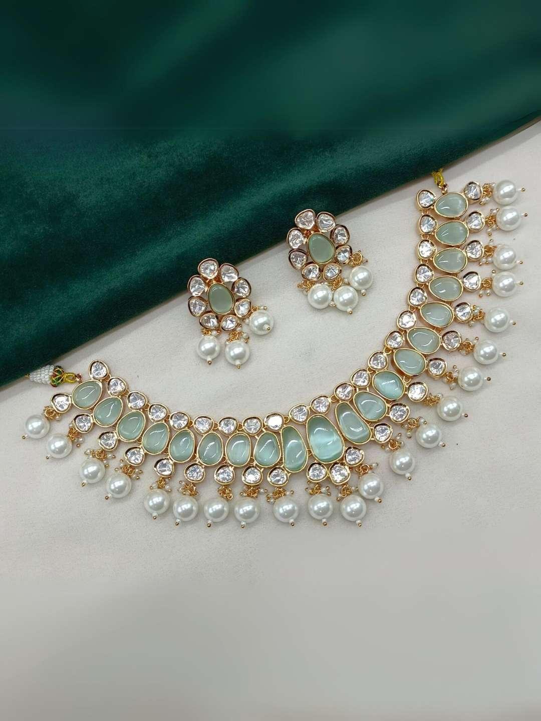 Ishhaara Teal  Kundan And Beads Studded Choker Necklace Set