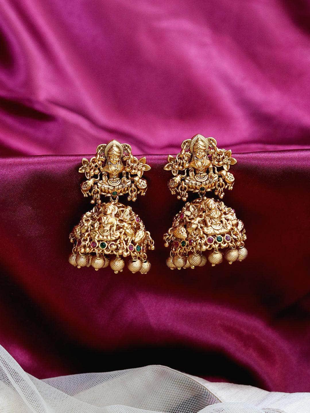 Ishhaara Temple Lakshmi Gold Bead Jhumkas