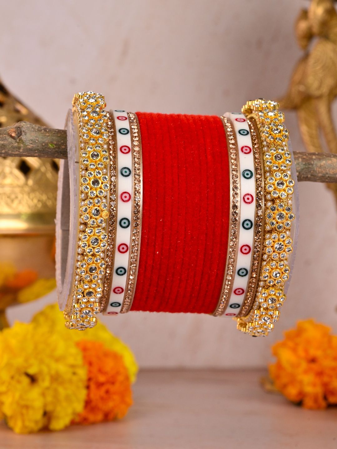 Ishhaara Traditional Red Velvet Chooda With Pearl Kada