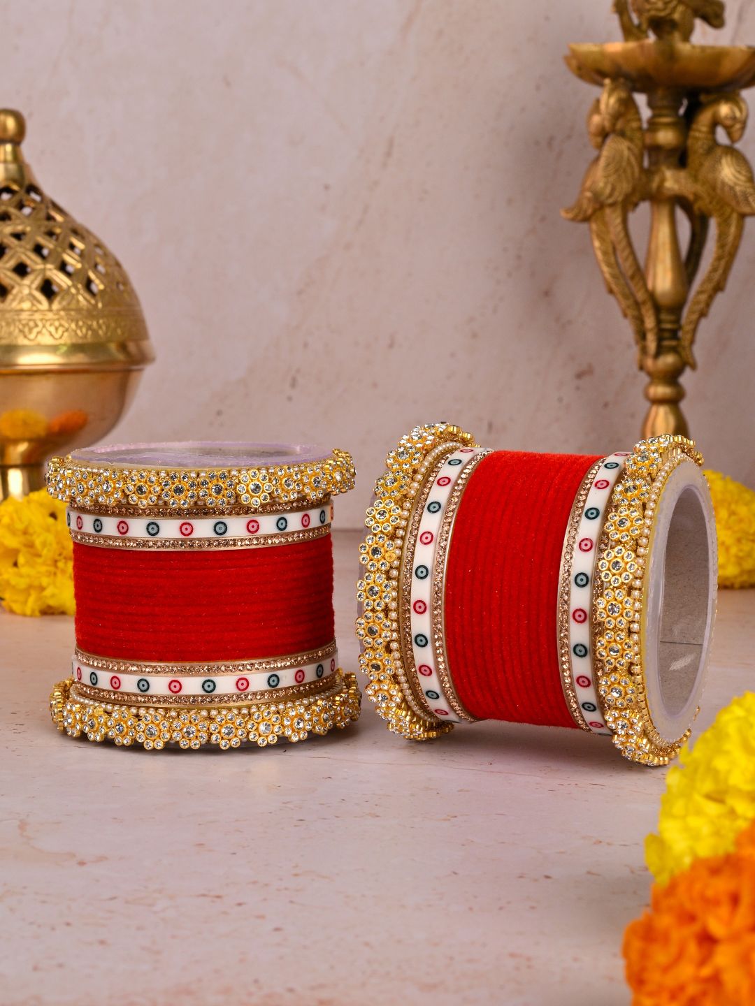 Ishhaara Traditional Red Velvet Chooda With Pearl Kada