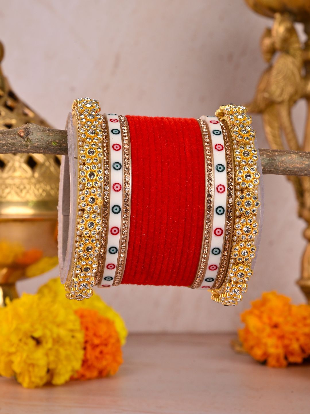 Ishhaara Traditional Red Velvet Chooda With Pearl Kada