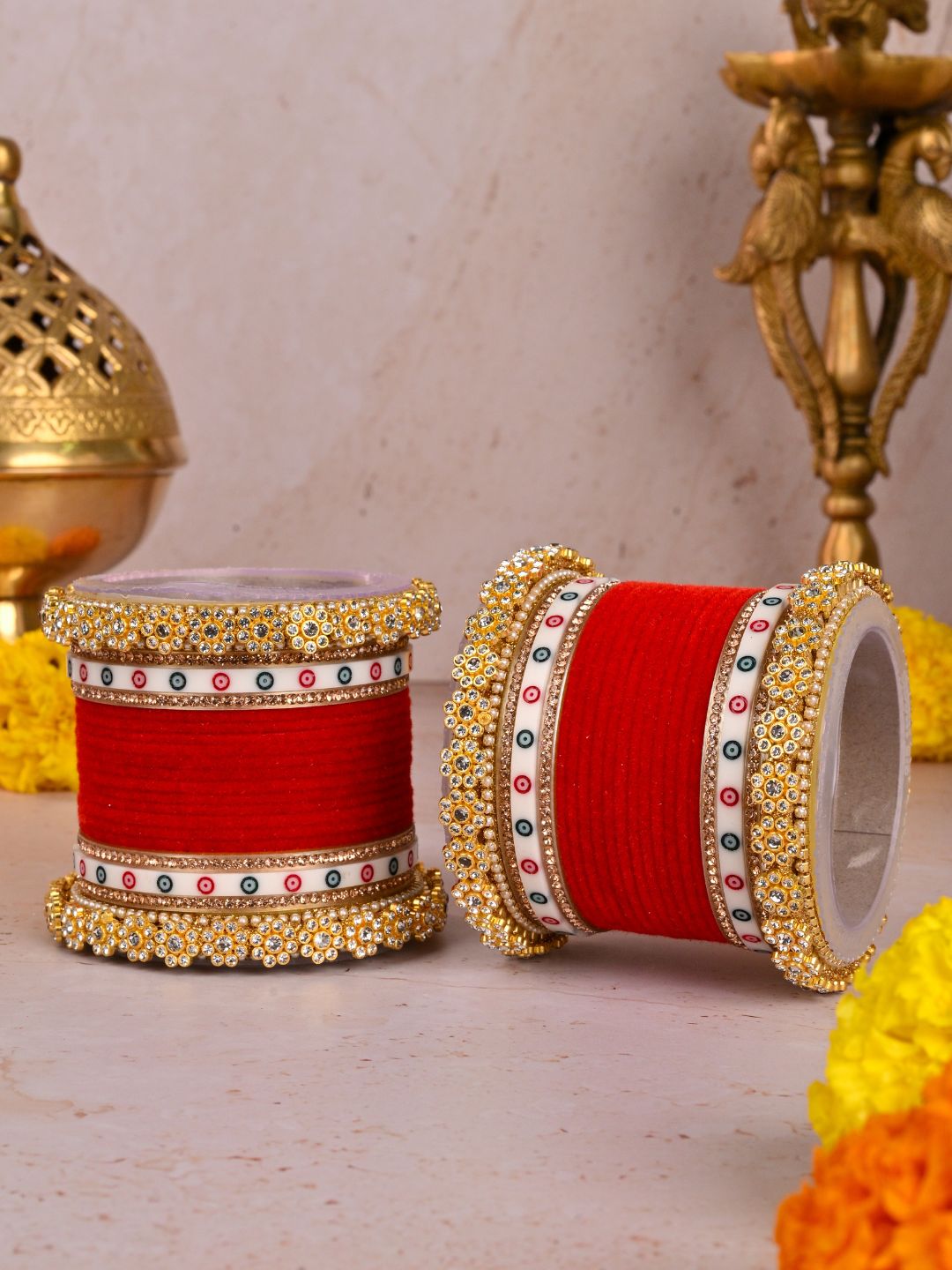 Ishhaara Traditional Red Velvet Chooda With Pearl Kada
