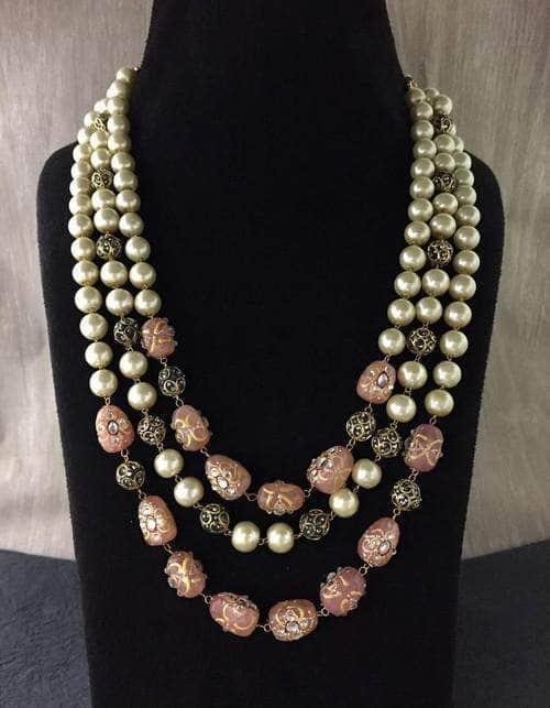 Ishhaara Triple Layered Pearl Precious Stone Necklace