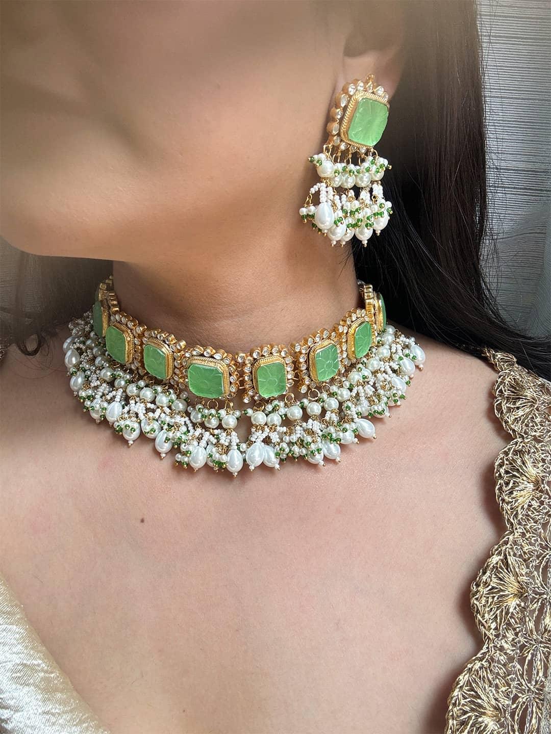 Ishhaara Turquoise Antique Gold Choker Necklace With Pearl Beads