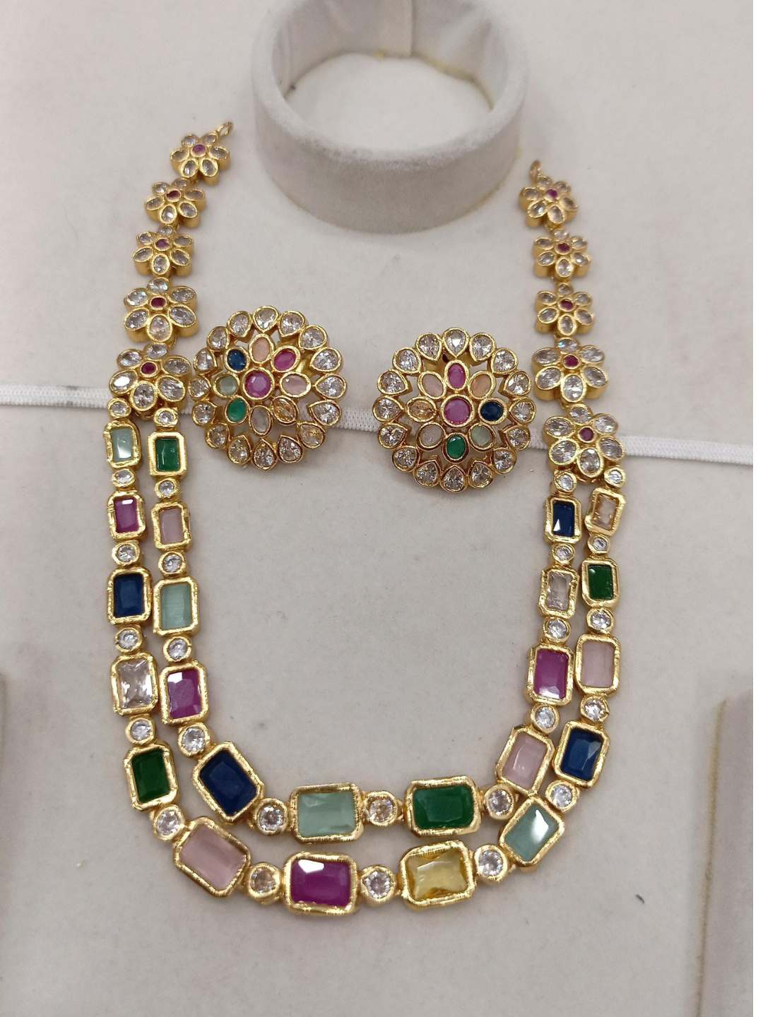 Two Line Navratan Necklace Set - Main Image
