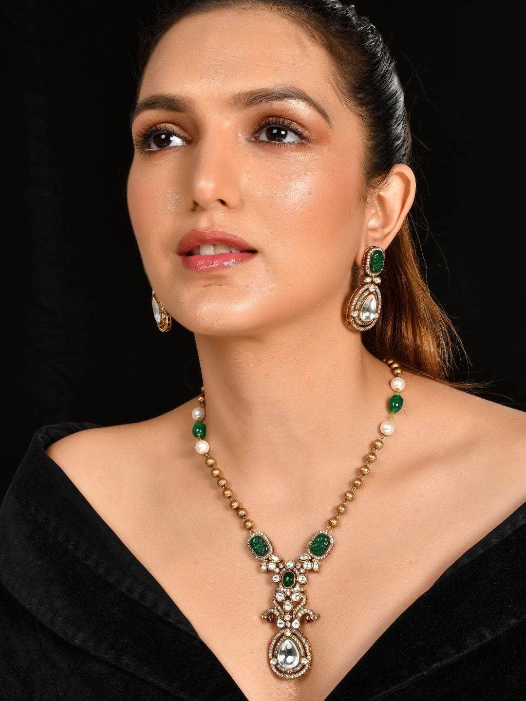 Ishhaara Victorian Long Polki Necklace Set Green