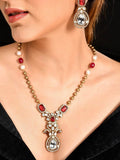 Ishhaara Victorian Long Polki Necklace Set - Red