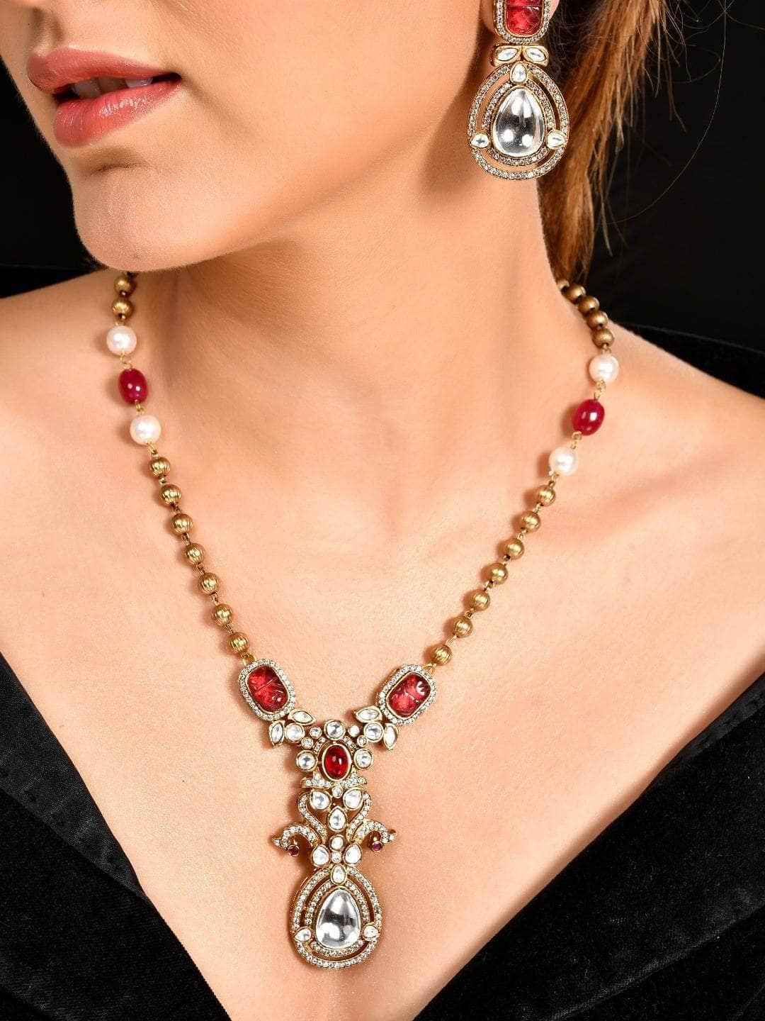 Ishhaara Victorian Long Polki Necklace Set Red