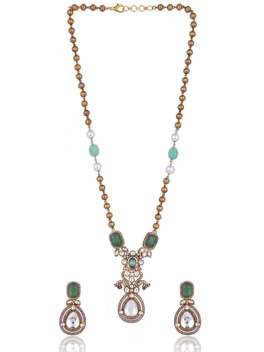 Ishhaara Victorian Long Polki Necklace Set - Turquoise