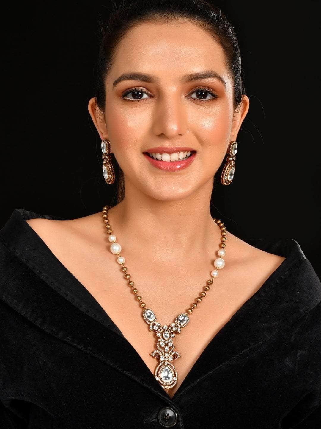 Ishhaara Victorian Long Polki Necklace Set White