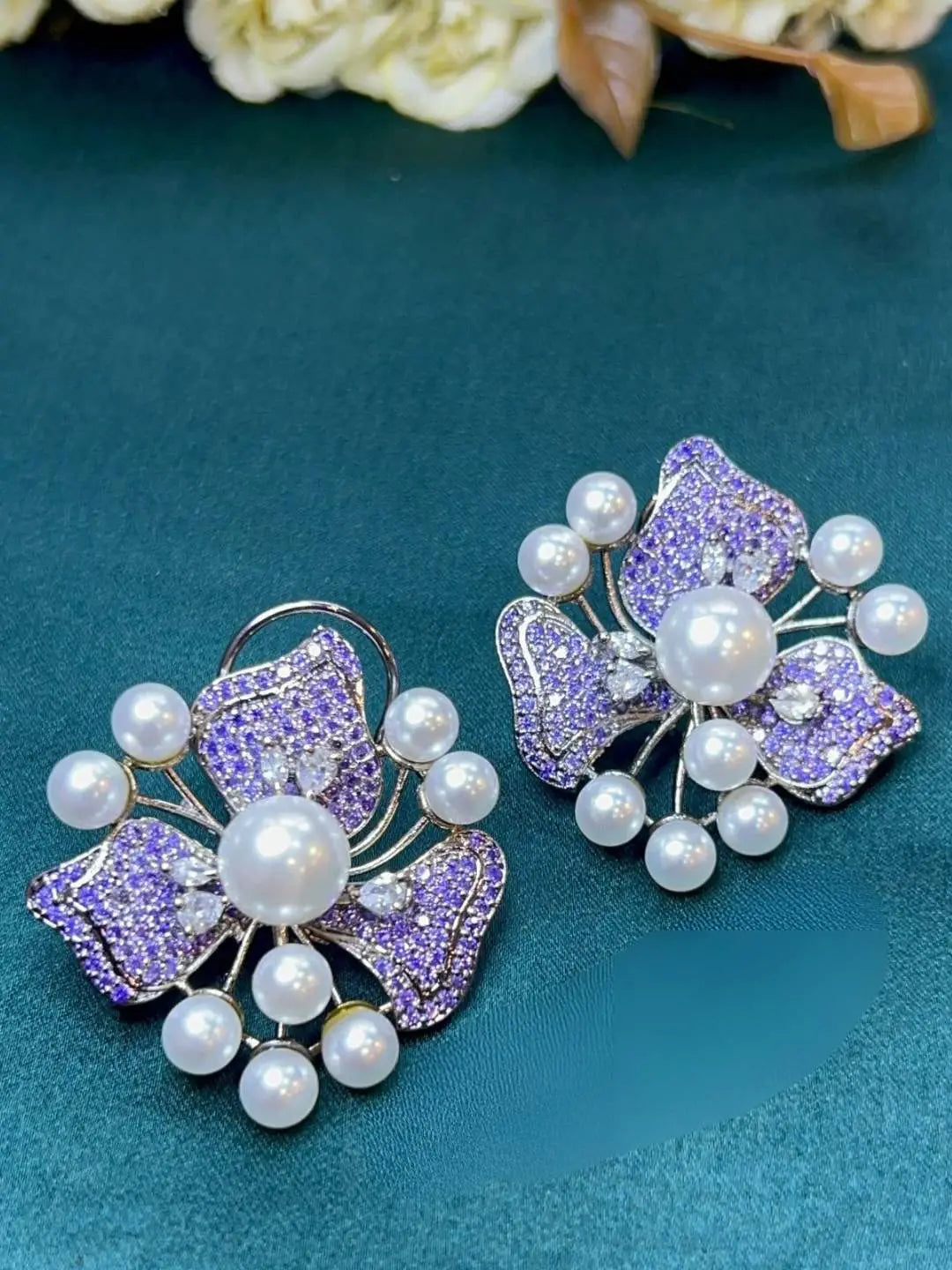 Ishhaara Violet Elegant Flower Pearl Studs