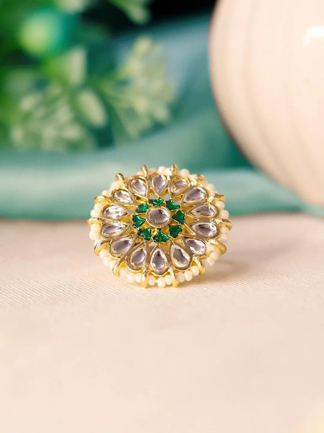 Ishhaara White And Green Kundan Ring