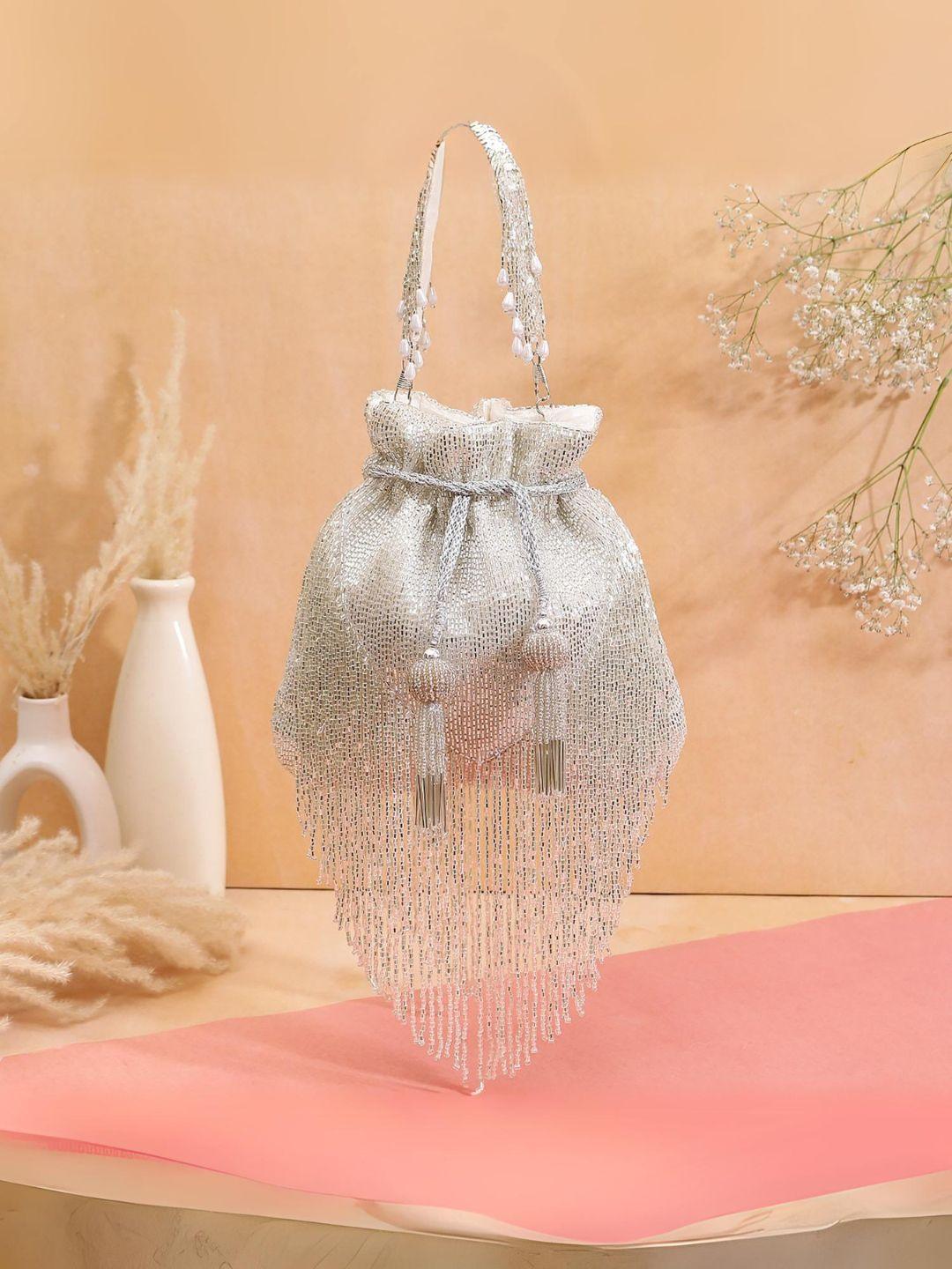 Ishhaara White Designer "V" Shape Fringes Potli Bag