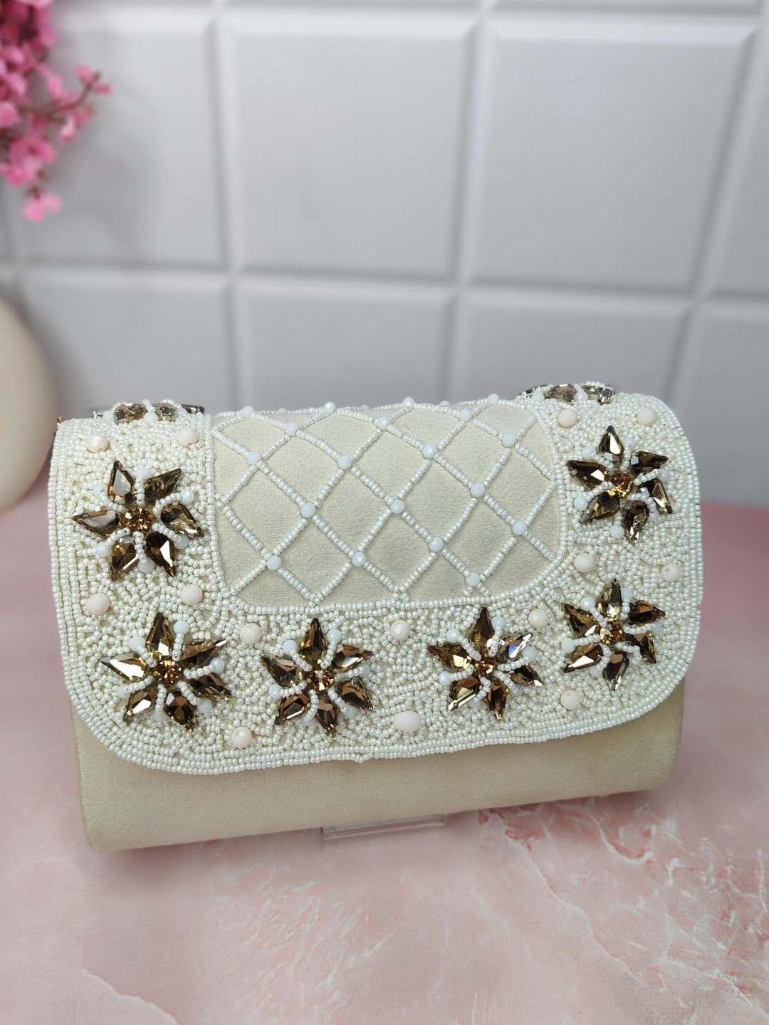 Ishhaara Red Designer Crystals Stone Seude Fabric Clutch Bag