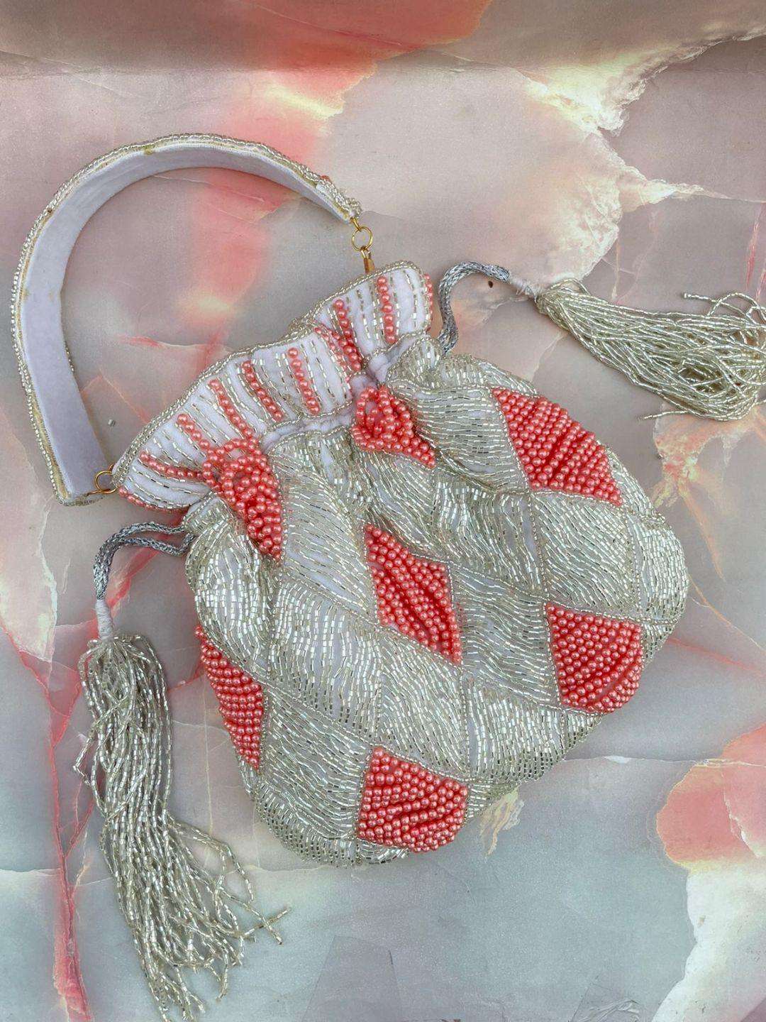 Ishhaara White Designer Cubes Cutdana Work Potli