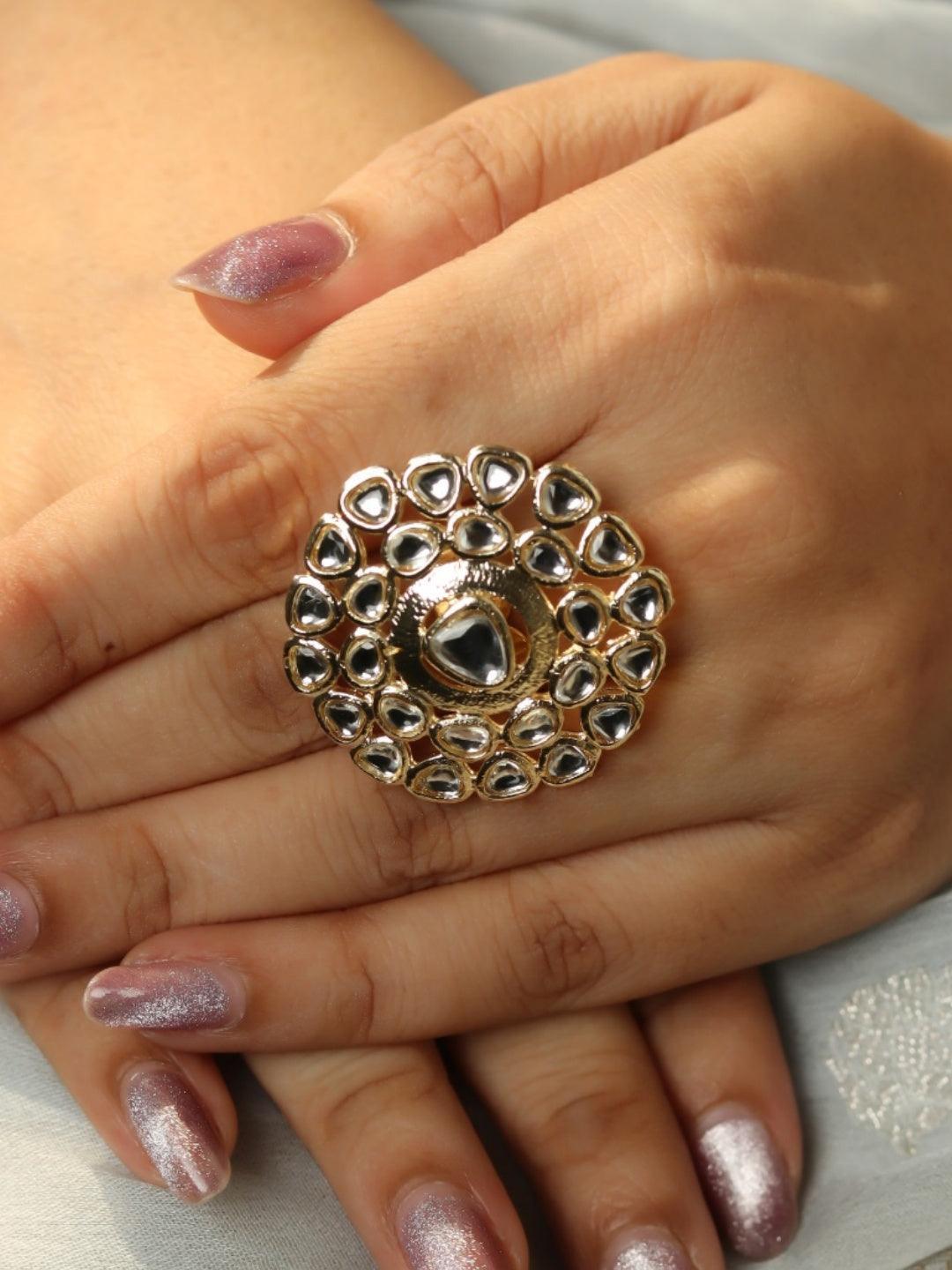 Ishhaara White Floral Motif Kundan Ring