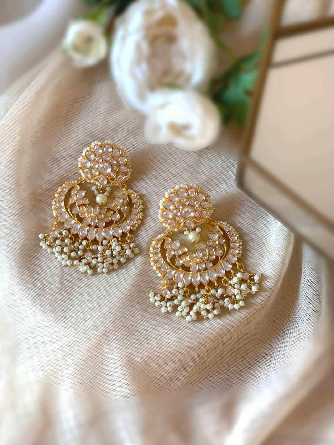 Buy Floral Polki Kundan Chandbali Earring White Online Ishhaara