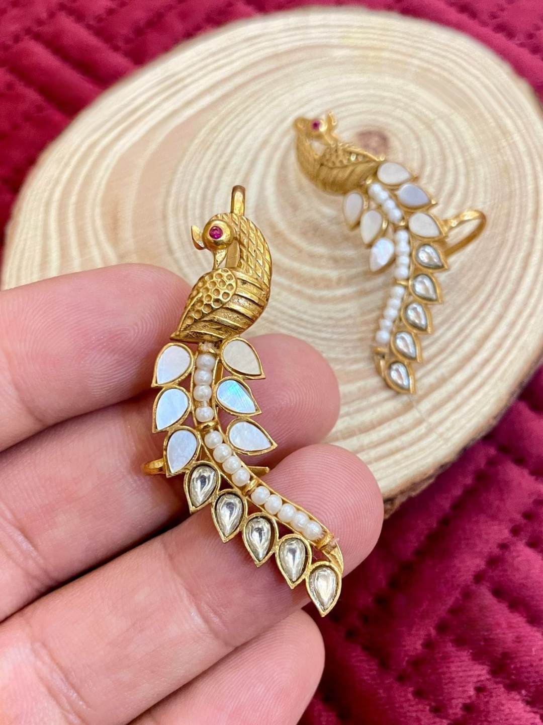 Ishhaara Multicolor Gold Plated Stones Polki Kundan Peacock Motif Ear Cuffs