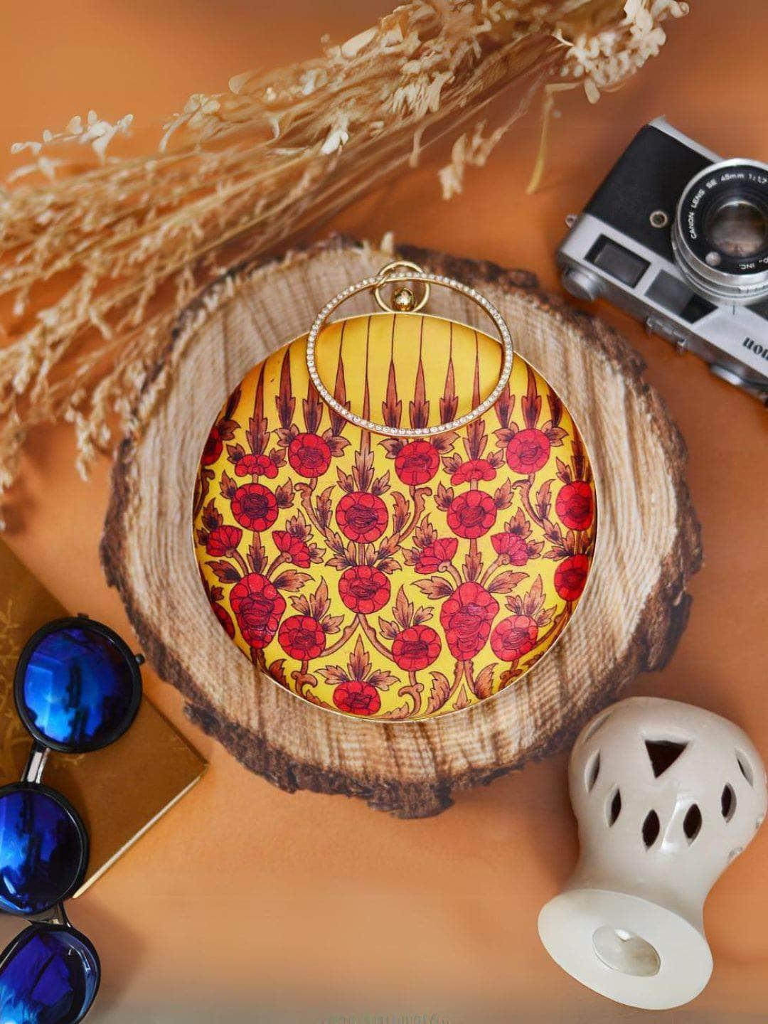 Ishhaara Yellow Background Floral Printed Round Clutch