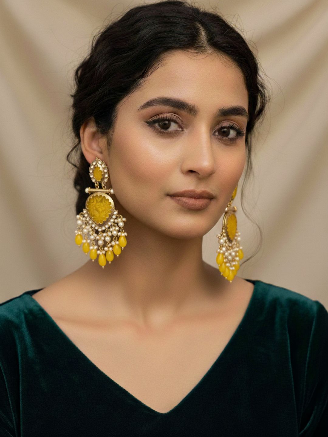 Ishhaara Yellow Cutwork Chandbali Earrings