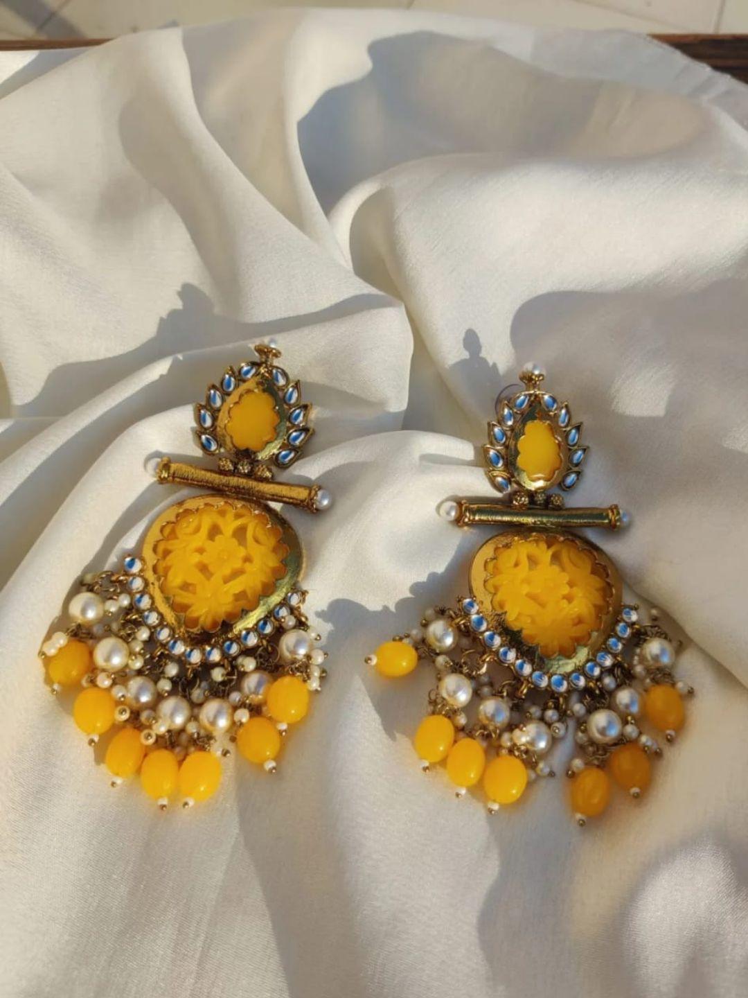 Ishhaara Yellow Cutwork Chandbali Earrings