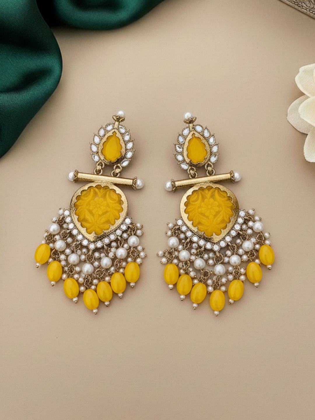 Ishhaara Yellow Cutwork Chandbali Earrings