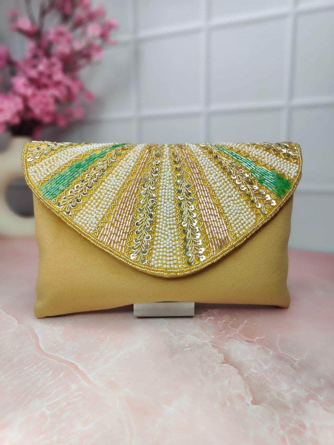 Ishhaara Yellow Embellished Clutch with Button Closure