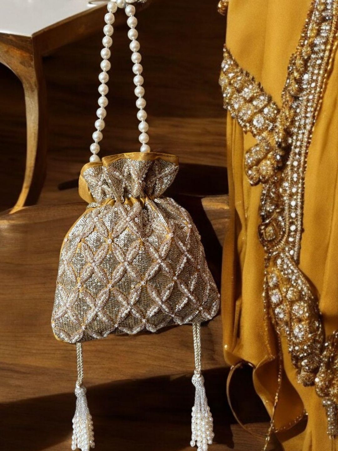 Ishhaara Blue Embroidery Handwork Potli With Pearl Handle