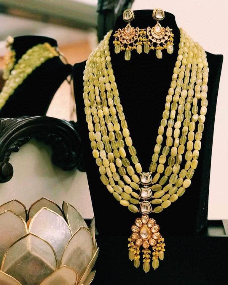 Ishhaara Yellow Long Beaded Kundan Pendant Necklace