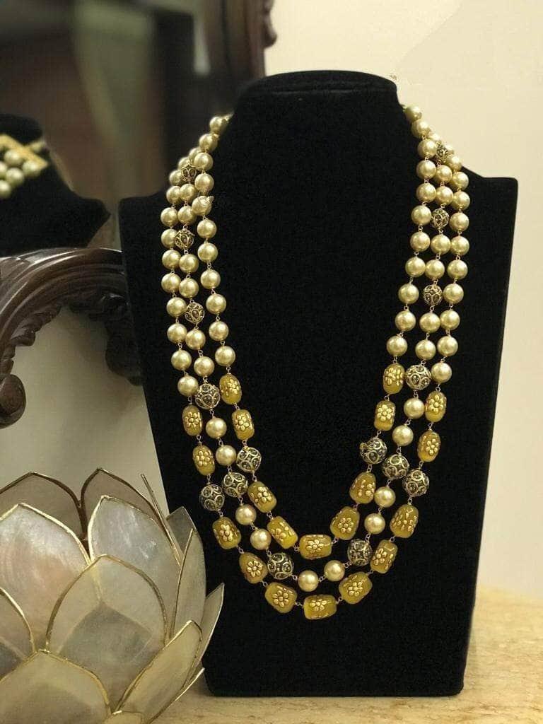 Ishhaara Triple Layered Pearl Precious Stone Necklace