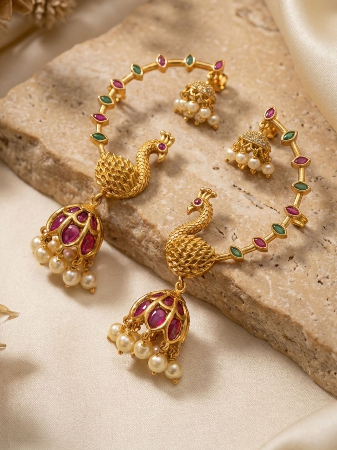 Trendy Ruby Peacock Ad Earcuff Jhumkas